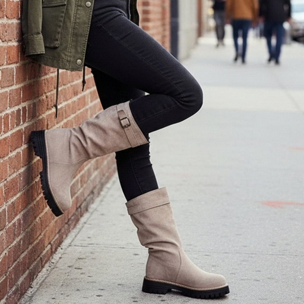 Buckle Wrap Slouch Boots Chunky Lug Block Heel Mid Calf Faux Suede Pull-on Shoes